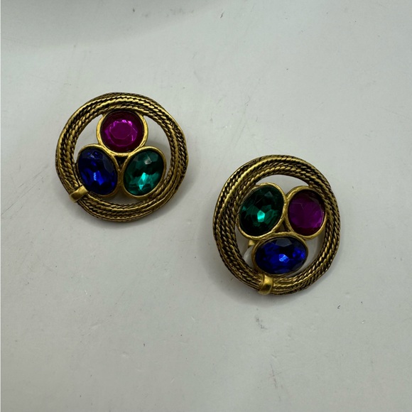 Vintage large mogul style gem toned rhinestone round clip on earrings retro - Picture 5 of 5